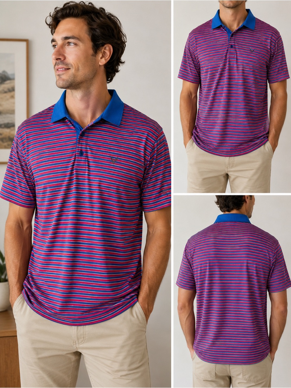 Callaway Opti-Dri Blue & Red Striped Performance Golf Polo Shirt Men’s Large